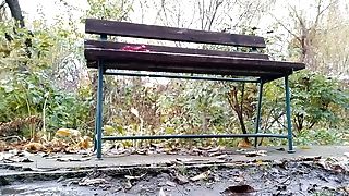 Mischievous Cougar In Stockings And High High-heeled Slippers Masturbates On A Bench In A Public Place